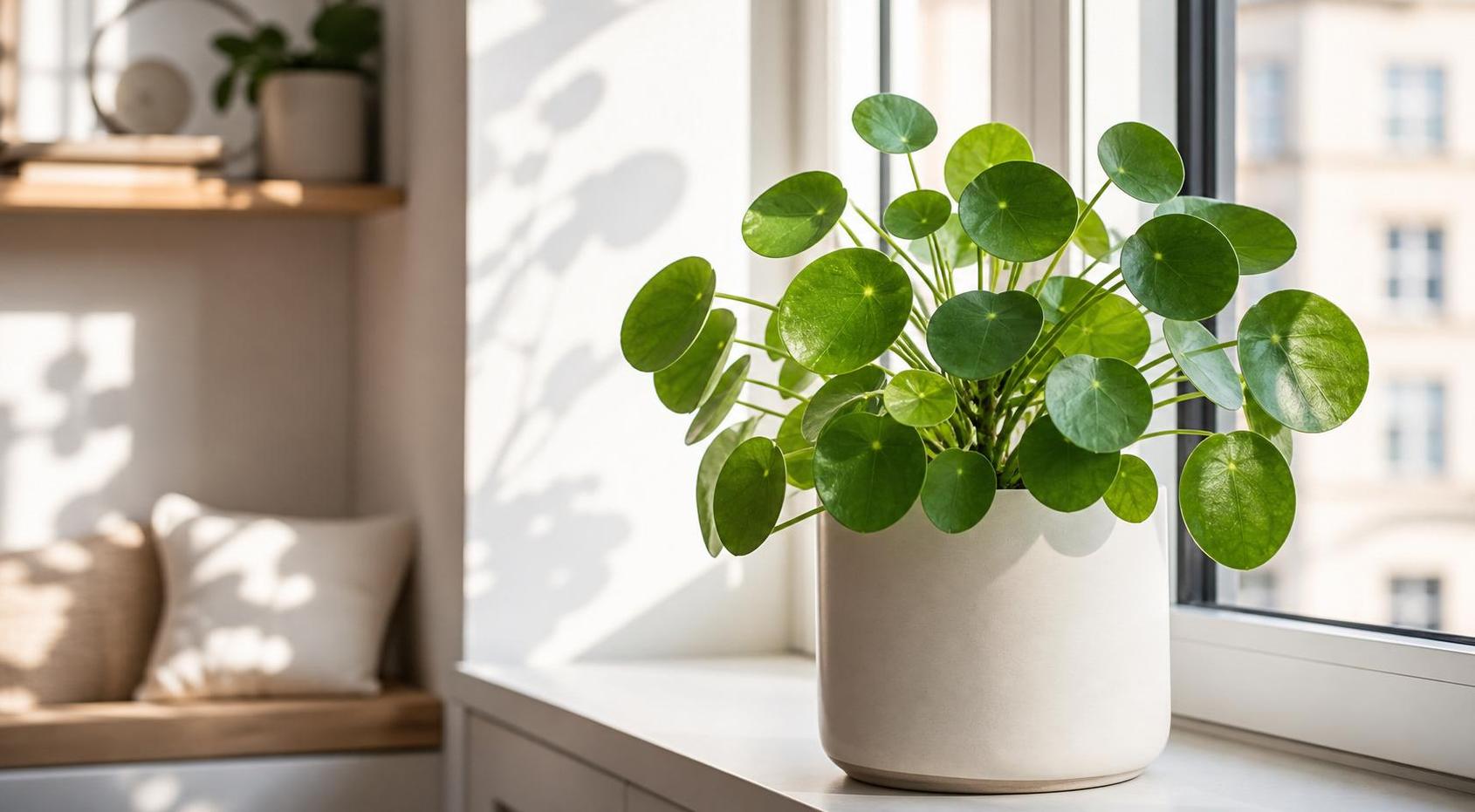 Zdrava Pilea peperomioides na svijetlom prozoru u modernom stanu